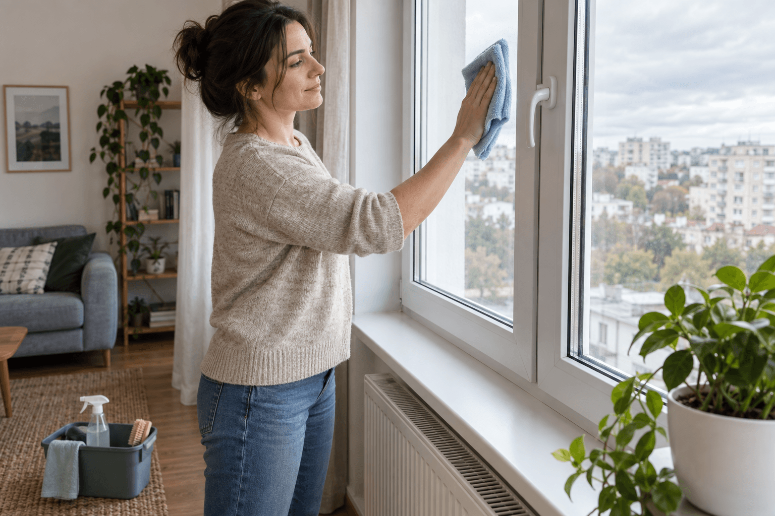 Femeie care șterge cu o lavetă din microfibră un geam accesibil din interiorul apartamentului
